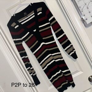 Derek Heart Striped V-Neck Sweater in Black, Red, and Cream